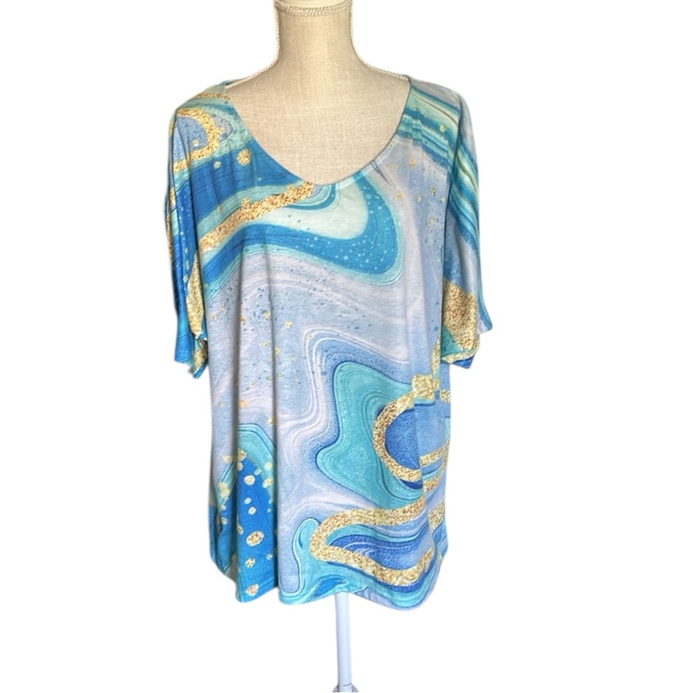 Aqua Blue & Gold Wavy Swirl Pattern Design Knit Top Short Sleeves Scoop Neck 5XL - Picture 6 of 16